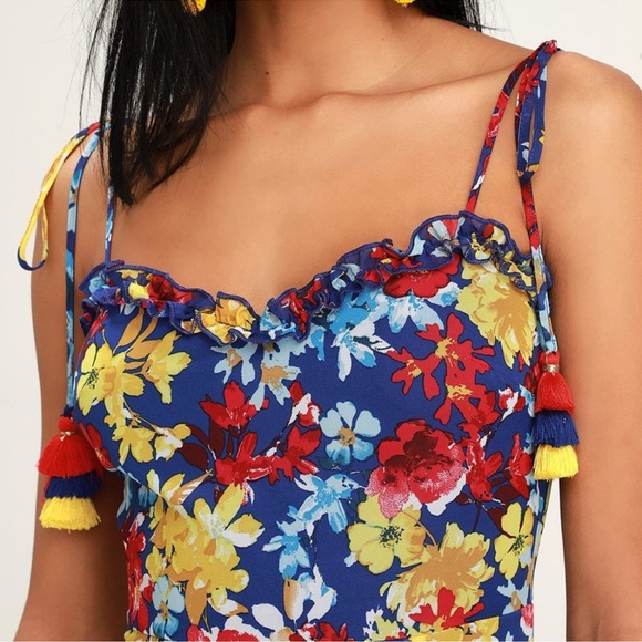 🔥Lulu's Vacay Sera Blue Floral Print Tie Strap Midi Dress Size Large NWOT - Picture 3 of 6